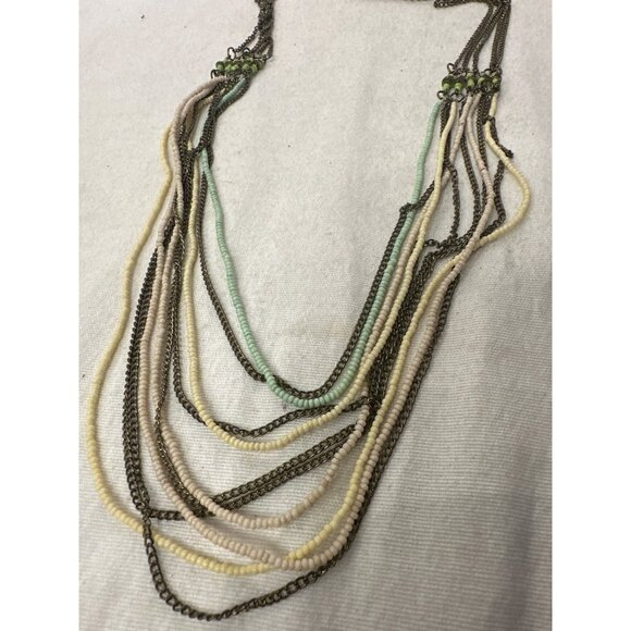 Multilayer Chain & Beaded Necklace With Pastel Green Seed Beads Boho Statement - Picture 3 of 3